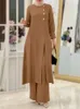 Ethnische Kleidung Frauen Eid Muslim Sets Musulman Ensemble Zwei Stücke Dubai Gürtel Blusen Breite Bein Hosen Lose Beiläufige Arabische Ramadan Solide kaftan