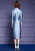 Casual Kleider Elegante Luxus Perlen Abend Party Für Frauen 2024 Frühling Designer Vintage Plus Größe Kleid Stehkragen Blau Robe