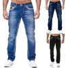 Men Jeans Solid Pockets Stretch Denim Straight Pants Spring Summer Business Casual Trousers Daily Streetwear Men's Clothing 240123