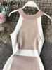 Casual Kleider 2024 Frauen Kleid Gestrickte O Neck Ärmellose Weiße Streifen Seite Elegante Midi Bodycon Weibliche Vestidos