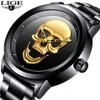 Relogio Masculino LIGE Mens Watches Skull Watch Men's Military Sports Watch Men Waterproof Stainless Steel Gold Quartz Clock 201y