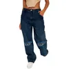 Jeans da donna stampati blu strappati per uomo pantaloni hip-hop versatili originali larghi dritti lavati moda retrò tendenza nazionale strada