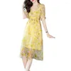 Бальные платья Платье из натурального шелка с цветочным принтом Большой маятниковый комплект с рукавами-лепестками Комплект из двух предметов 48789