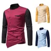 Men's Casual Shirts 2024 Fashion Trend Personalized Oblique Buttons Irregular Contrast Color Splicing Henry Collar Long Sleeve