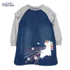 Flickaklänningar Little Maven 2024 Baby Girls Unicorn Denim Dress Gray ärmar Casual kläder Autumn Comfort Frocks för barn 2-7 år