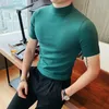 Herr t-skjortor 2024 Spring Autumn Kort ärm stickade t-shirts för män solid färg smal fit tee mode pendlare koreanska toppar manliga kläder