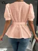 Bluzki damskie Celmia 2024 Modna bluzka z rękawem Puff Sleev V Neck Women Office Lady Vintage koszulka See-Plaid Bandage Seksowne owinięte topy