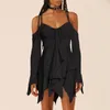 Casual klänningar oregelbundna V-ringade kvinnor Slim Suspender One-Piece 2024 Spring Autumn A-Line Tie Up Gothic Y2k Pleated Female Dress Bandage