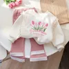 Kledingsets Kanten sweatshirt voor meisjes Babymode Print Lange mouwen Tops 2024 Herfst O-hals Losse trui Roze Slanke uitlopende broekpak