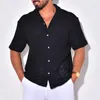 Camisas casuais masculinas verão na moda respirável malha mens camisa de manga curta lapela abotoada tops estilo praia vintage jacquard crochê