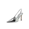 Salto alto brilhante estilingue prata mulheres bombas sandálias de cristal metálico dedo do pé pontiagudo sapatos de salto stiletto vestido de festa mulher 240123