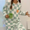 Damen-Nachtwäsche, Herbst-Winter-Kawaii-Cartoon-Pyjama-Sets, Damen-Fleece-Pyjamas, kariertes Flanell, Lounge-Mädchen-Pijamas, Nachtanzüge, Homewears