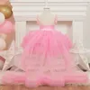 Girl Dresses Flower Pink Tulle Puffy Pearl Top Tiered Bow With Long Tailing Sleeveless For Wedding Birthday First Communin Gown