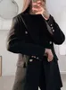 Blazer Kadın Trafesi Moda Metal Çift Kesin Kruvaze Yün Blazers Ceket Vintage Uzun Kollu Kadın Dış Giyim Şık Tops 240122
