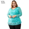 Yitonglian Elegant Women Floral Lace Blue Vintage Tunic Shirt V Neck Delicate Crochet Tops US Storlek 8-30 H009G 240129