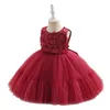 Robes de fille Baby Baby Baby Red Christmas Robe For Toddler Girls Flower Applique en dentelle Costume Party Party Kids Solid First Noël