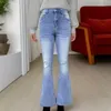 Calças de brim femininas rasgadas denim flare calças mulher estilo coreano cintura alta senhora 2024 primavera verão fino ajuste azul calças retas