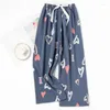 Mulheres sleepwear longo macio livre solto sleep drawstring bottoms tamanho calças pijama respirável impressão dormindo mulheres homewear fino casual