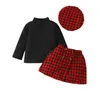 Set di abbigliamento Autunno Infantile Neonate 3 pezzi Set di vestiti Dolcevita a maniche lunghe Top Gonna pied de poule Cappello Completo Abiti da bambino