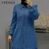 エスニック服の女性デニムドレス2024ブルーファッションロングボタンレースアップドレスイスラムのエレガントな女性イスラム教徒のローブ