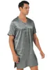 Men's Sleepwear Men Women Satin Pajamas Nightgown V Neck Short Sleeve Bathrobe Pijama Nightclothes Homewear Sides Split Nightwear