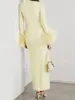 Casual Dresses Modphy Ladies Yellow Feathers Bodycon Bandage Maxi Dress Rayon High Quality Sexy Long Sleeve Ribbed 2024 Vestidos