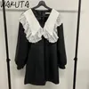 Vestidos de festa wakuta moda puff manga mulheres pu couro petre pan colarinho vestido vintage high street feminino faux mini vestidos 2024
