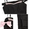 女性の戦車黒カミスピンクの弓パッチワーク女性ショートトップセクシーなスリムなスラッシュネックピュア欲望韓国ファッションサマードロップ
