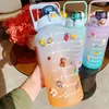 Bouteilles d'eau 2L bouteille de grande capacité sport avec marque de temps dégradé couleur fitness en plein air pour fille adulte boire