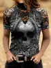 T-shirt da donna con teschio gotico e fiori Top da donna T-shirt a maniche lunghe in pizzo cavo Ragazze sexy vintage slim