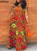 Casual Dresses Vonda Bohemian Floral Printed Maxi Dress 2024 Summer Women Party Robe Femme Sexig ärmlös Bandage Pleated Beach Vestido