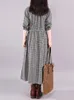Robe femme Style coréen ample coton et lin Plaid à manches longues à lacets taille jupe Midi robes élégantes pour les femmes 240119