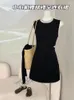 Casual Dresses Summer Korean Fashion Vintage O-Neck Solid Color Sleeveless Mini Dress Hollow Out Frocks Women 2024 Office Lady Party