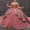 Pink Quinceanera Dresses Off The Shoulder 3DFlower Appliques Beads Vestidos De 15 Formal Elegent Princess Party Dress Sweet Ball Gown