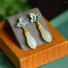 Ohrhänger, Kupfer, vergoldet, blauer Schmetterling, Orchidee, Ohrring für Damen, hellgrüne Jade, niedlicher schicker Ohranhänger, Tropfen, altes China, elegant