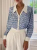 Bluzki damskie Berrygo 2024 Jesienna koszula projektantka Kobiety Elegancki niebieski nadruk Diamentowy satynowy jedwabny bluzka z długim rękawem przyciski biura biura