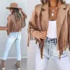 Women Y2k Fringed Hem Tassel Cardigan Crop Tops E-girl Motor Biker Jacket Suede Leather Jacket 90s Vintage Streetwear Coat Cool 240131