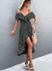 Feestjurken Elegante Bloemen Midi Jurk Vrouwen Zomer Sexy Backless Ruche Split Strand Casual Zwart Off Schouder Onregelmatige 2024