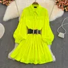 Casual Dresses 2024 Spring Korean Version Lapel Lantern Long Sleeve Loose A-Line Dress Lazy Style Single Breasted Shirt