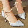 Sandals Women Thin Peep Toe Pointed Heel High Heels Summer Fashion Metal Chain Lock Wedding Shoes Bride S 366