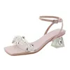 Robe chaussures or argent été fête femme strass fleur talon rond sandales bride à la cheville transparent gladiateur sandalias mujer 2024