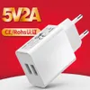 5V 2A EU Plug Dual USB Wall Charger Portable Travel Chargers Power Supply Adapter Fast Charging For Mobile Cell Phone CE/GS