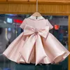 Платья для девочек, розовый атласный цветок на свадьбу, пышное платье принцессы с короткими рукавами и бантом, детские рождественские бальные платья для первого причастия