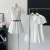 Women Dresses Designer Dress Fashion Letter Embroidery Graphic Waistband Short Sleeve Pleated Casual White Slim
