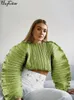 Women's T Shirts Hugcitar Long Puff Sleeves O Neck Bandage Ribbed Stretch Sexy Oversized Crop Top 2024 Fall Women Y2K Streetwear Party