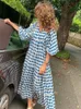 Basic Casual Dresses Half Bubble Sleeves V-Neck Long Skirt Women's Casual Loose Skirt Green Geometric Printed Robe Bohemian Party Dress J240130