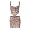 Work Dresses Weird Puss Tie Style Women 2Piece Set Leopard Print Low Neck Crop Tops Slim Mini Skirt Sexy Nightclub Party Matching Outfits