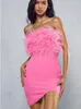 Casual Dresses Women Sexy Strapless Ostrich Feathers Sequins Pink Cotton Bodycon Dress 2024 High Street Christmas Xmas Party Vestido