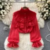 Women's Blouses Women Chic Patchwork Ruffled Lace Flare Sleeve Long Solid Sexy Korean Fashion Summer Shirt Casual Shirts