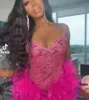 Vestido curto de penas de avestruz rosa fúcsia, vestidos de noite curtos para mulheres, vestido de gala de baile de cristal brilhante para meninas negras